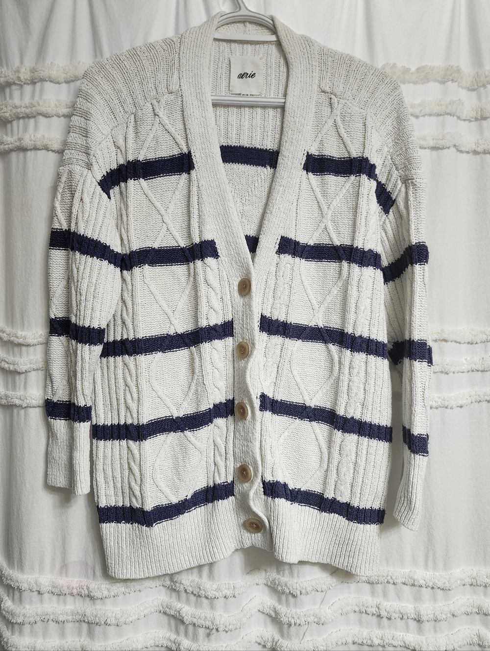 Aerie, Cable Knit, Button Up Cream Cardigan with Navy Stripes.